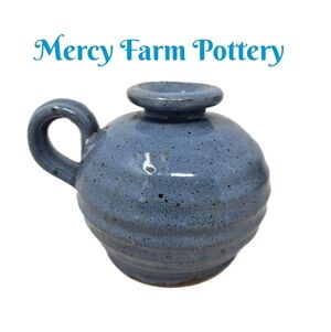 Mercy Farm Pottery Handle Bud Vase Blue With Specks Of Black Glazed Ribbed